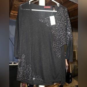 BKE red, Black Asymmetrical Embellished 1/2 Sleeve Blouse